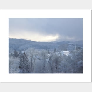 Masonic lodge, church steeple, snowy Oregon forest Posters and Art